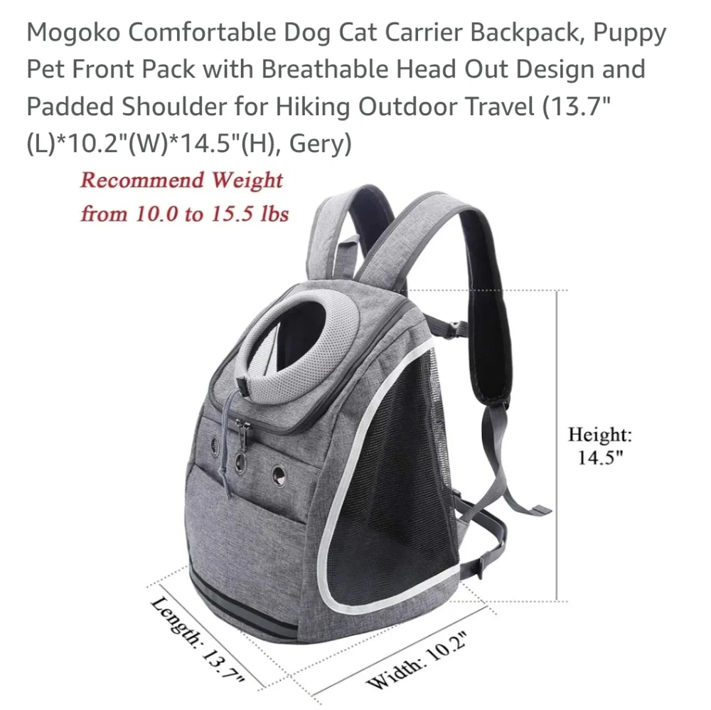 Comfortable Dog Cat Carrier Backpack, Puppy Pet Front Pack with head whole